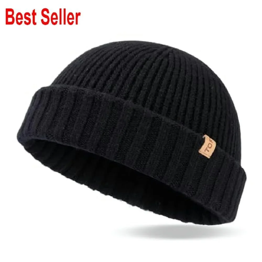 Merino Wool Fisherman Beanie Knit Skull Cap Cuffed Winter Hat Unisex